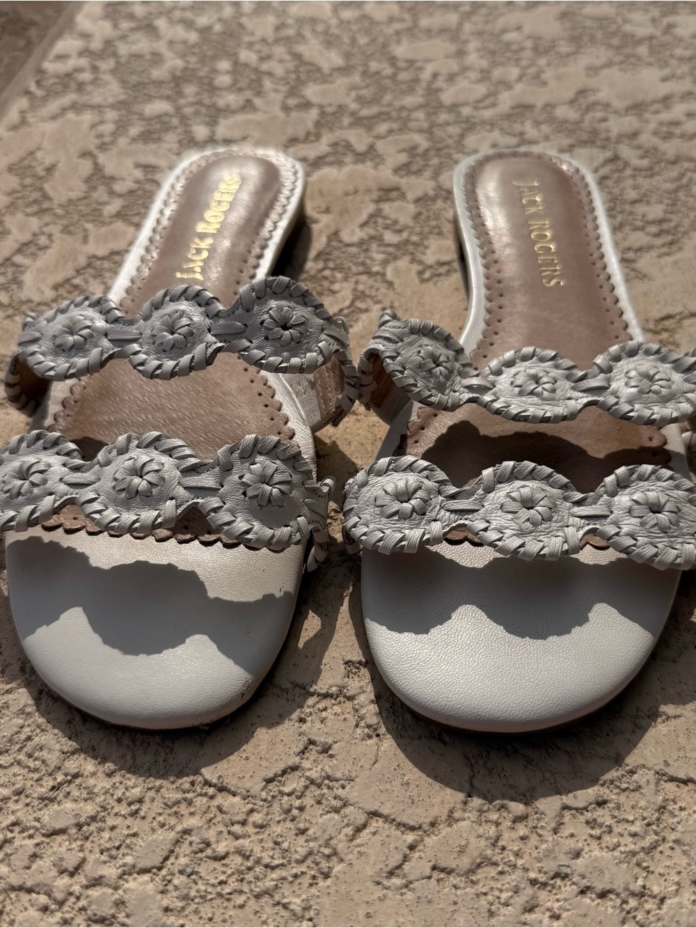 Jack Rogers Navajo Double Strap Slide Sandals Ivory Leather Whipstitched Size 9 - Picture 4 of 8